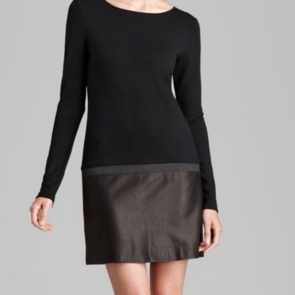 Theory Charcoal Gray Knit Black lamb leather long sleeve mini dress